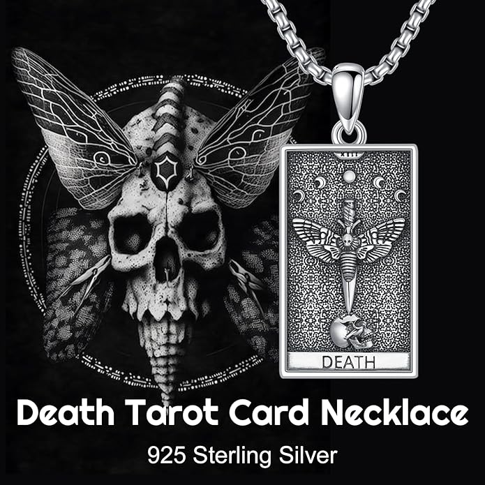 PELOVNY Tarot Card Necklace 925 Sterling Silver Skeleton Necklace The Sun Moon Star Strength Lovers Death Devil Fool Tarot Jewelry Christmas Birthday Gifts for Men Women Unisex