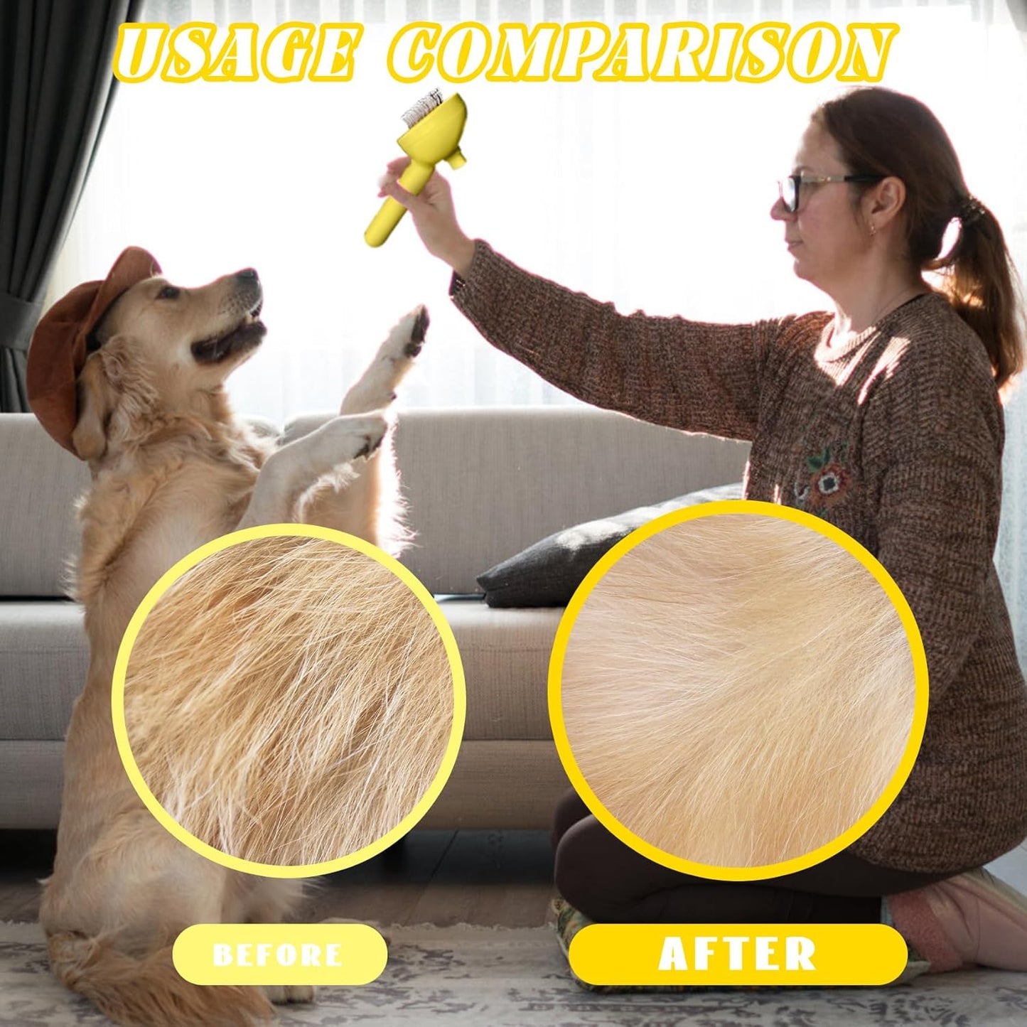 QOQ Self-Cleaning Spray Cat Brush for Shedding, Removes Static Flying Hair, and Works Wonders for Both Long and Short-Haired Pets 2 In 1 Cleaning Brush for Cats And Dogs Grooming (Yellow)