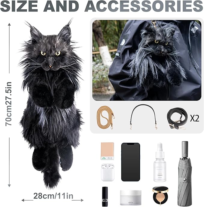 Chongker Cat Shaped Backpack - Handcrafted Stuffed Animals Bag, Black Cat Plush Bag with Adjustable Shoulder, Crossbody, and Backpack Straps, Maine Coon
