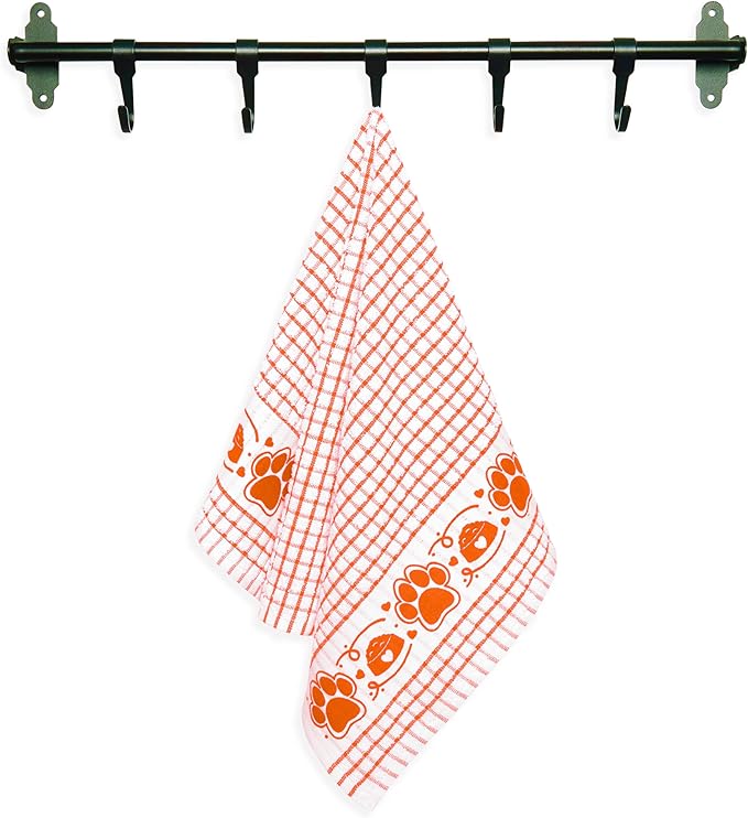 Cackleberry Home Paw Prints Terrycloth Kitchen Towels Windowpane Check Fabric, Set of 4 (Orange)