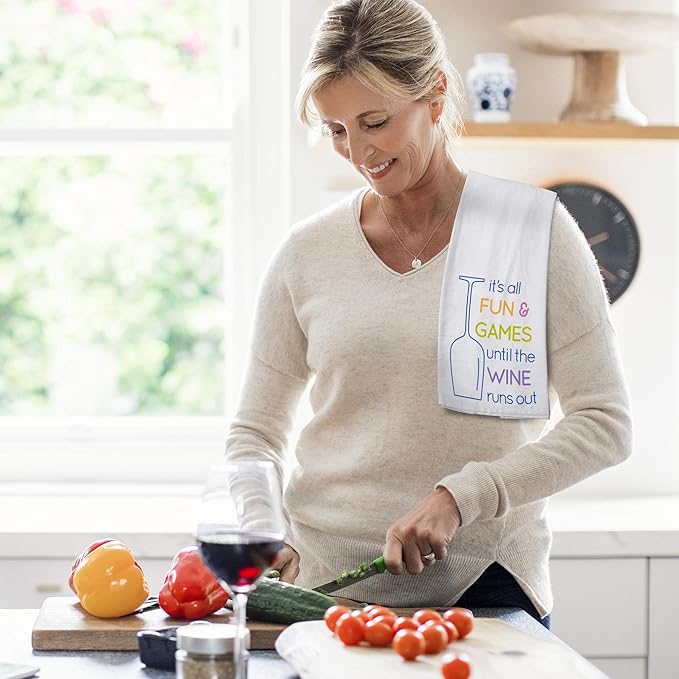 Chris's Stuff Kitchen Dish Towel - Flour Sack Cotton Dishcloth - Highly Absorbent - 27 x 27 Inches for Wine Lovers - Funny Quote Therapy (It's All Fun & Games Until The Wine Runs Out)