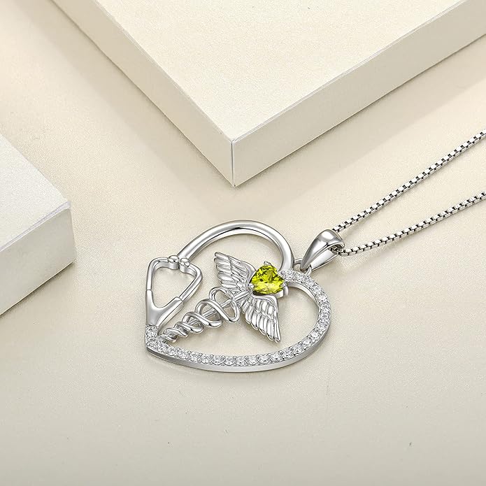 YL Caduceus Heart Necklace for Women Sterling Silver Doctor Nurse Themed Stethoscope Pendant Birthstone Angel Wings Snake Jewelry