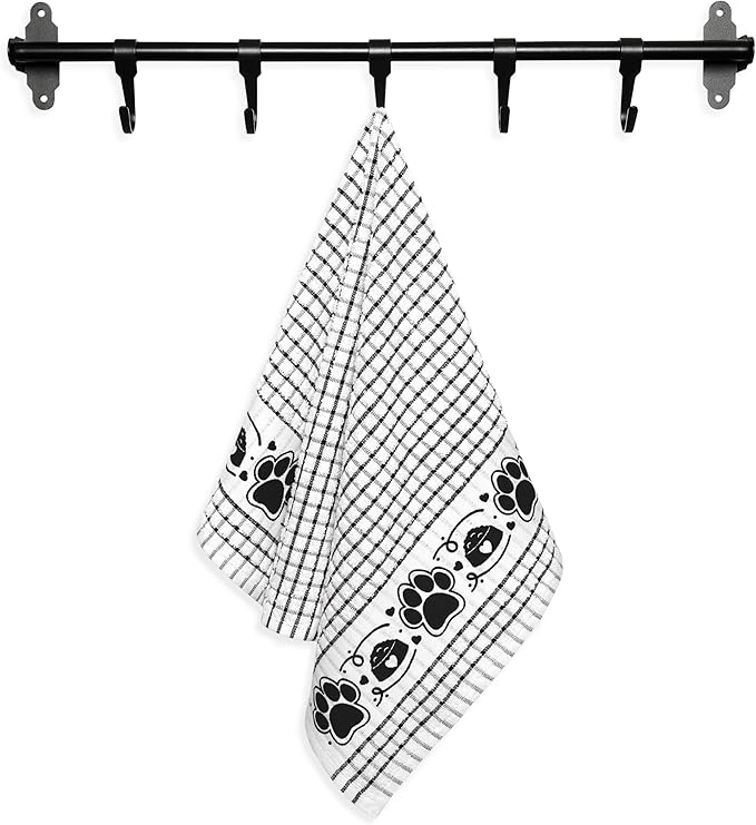 Cackleberry Home Paw Prints Terrycloth Kitchen Towels Windowpane Check Fabric, Set of 4 (Black)