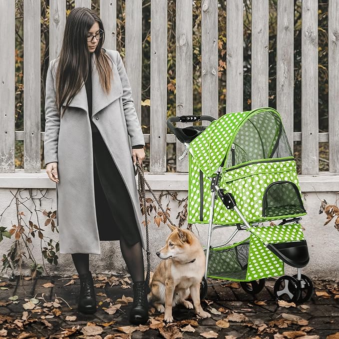 MoNiBloom 3 Wheels Pet Dog Cat Stroller for Small Medium Dogs Cats, Foldable Jogger Stroller w/Storage Basket and Cup Holder, Lawn Green Polka Dots