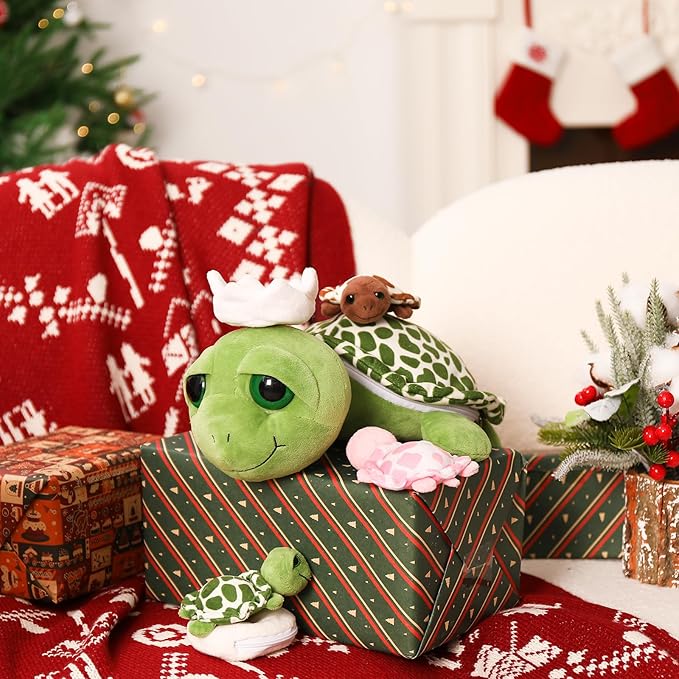 MorisMos Sea Turtle Stuffed Animal with Babies, 14'' Mommy Stuffed Turtle with 3 Babies & 2 Plush Eggs in Tummy, Big-Eyed Sea Tortoise Toys for Kids Toddlers,Sea Stuffed Animals,Tortoise Plush Pillow