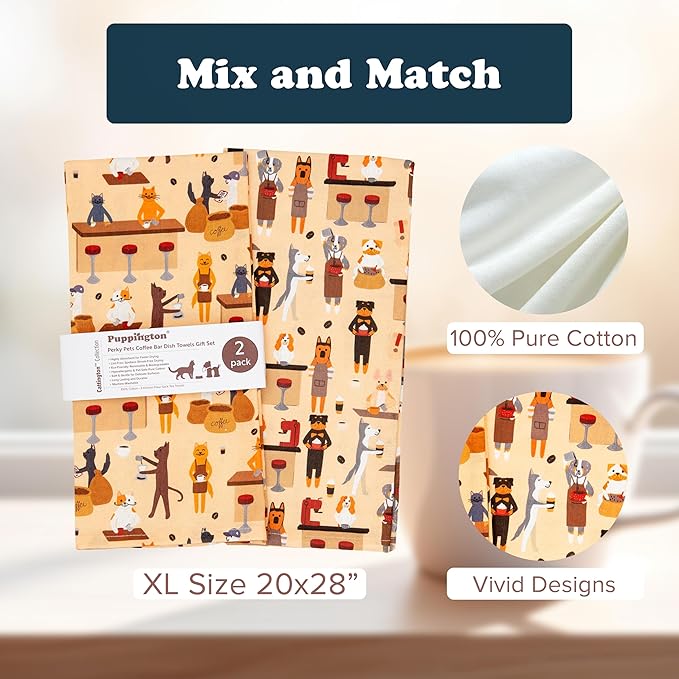 Dog and Cat Kitchen Towels - Dog and Cat Dish Towels for New Home Decorations - Gifts for Dog Moms and Cat Dads (Coffee Lovers)