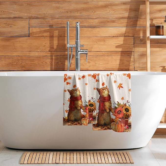 Giwawa Fall Cat Hand Towels Maple Leaves Kitchen Dish Towel Set of 2 Soft Fingertip Small Bath Towel Washcloths Decor for Hotel Spa Gym Sport