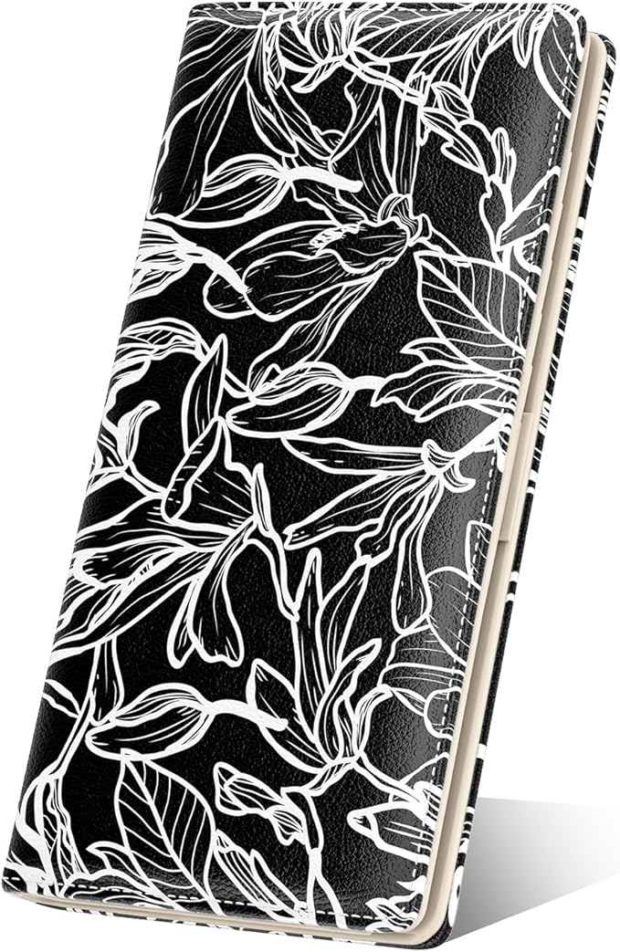 Nipichsha Womens Wallet, RFID Slim Wallets for Women, Thin Ladies Credit Card Holder Purse, Cute Leather Bifold Clutch Billfold with 11 Card Slots & ID Window, Black White Leaf