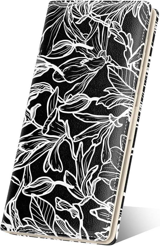 Nipichsha Womens Wallet, RFID Slim Wallets for Women, Thin Ladies Credit Card Holder Purse, Cute Leather Bifold Clutch Billfold with 11 Card Slots & ID Window, Black White Leaf