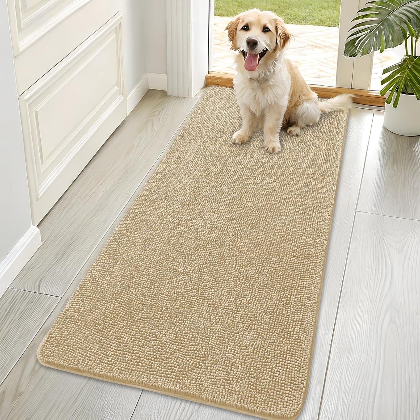 OLANLY Dog Door Mat for Muddy Paws 70x35, Absorbs Moisture and Dirt, Absorbent Non-Slip Washable Doormat, Quick Dry Chenille Mud Mat for Dogs, Entry Indoor Entryway Carpet for Inside Floor, Beige