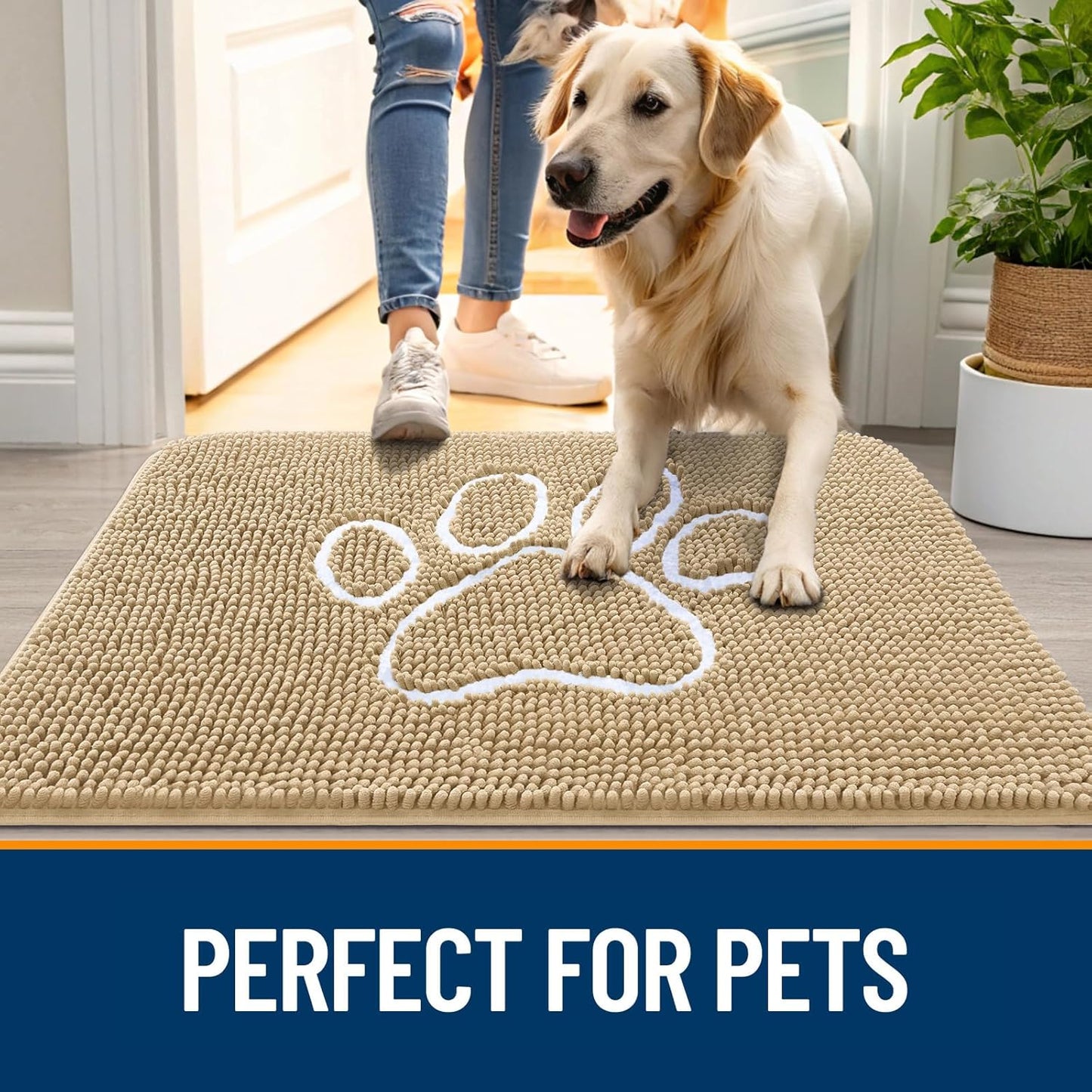 OLANLY Door Mat for Muddy Dog Paws 40x32, Ultra Absorbent Chenille Mud Doormat with Paw Print Design, Non-Slip Washable Doormat for Indoor Entryway, Quick-Dry Pet Bed Mats for Dirty Dogs, Beige