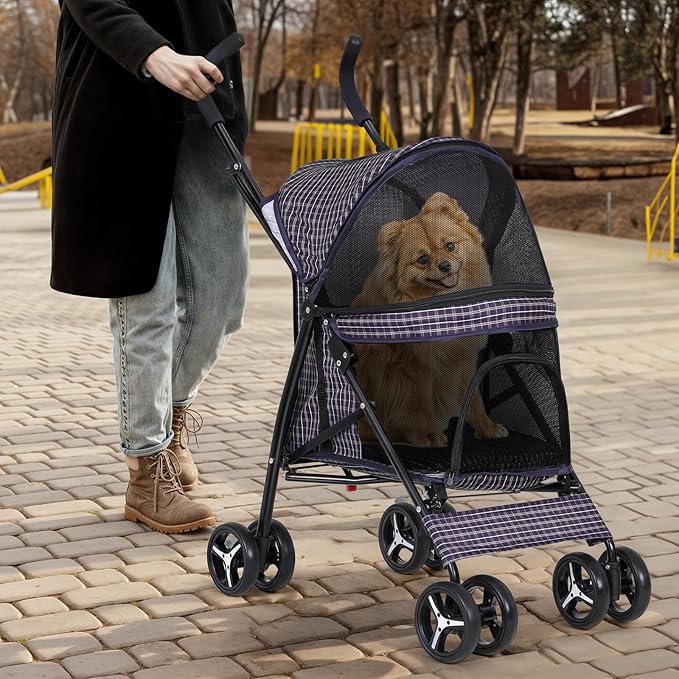 Magshion Compact Pet Stroller for Small-Medium Dogs/Cats up to 22lbs, 4-Wheel Lightweight Umbrella Shaped Portable Puppy Travel Jogger with Breathable Mesh & Rear Storage, Plaid