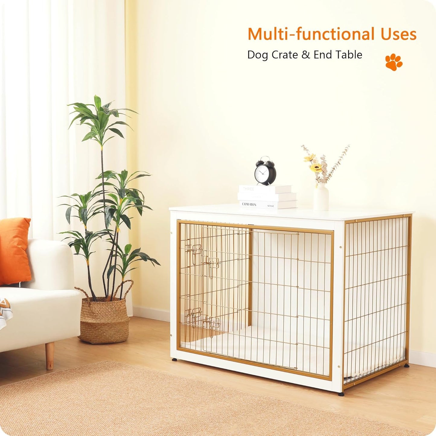 DWANTON Dog Crate Furniture with Cushion, Wooden Kennel Table with Double Doors, Indoor Dog House, Extra Large Size, 43.3" L, White+Gold