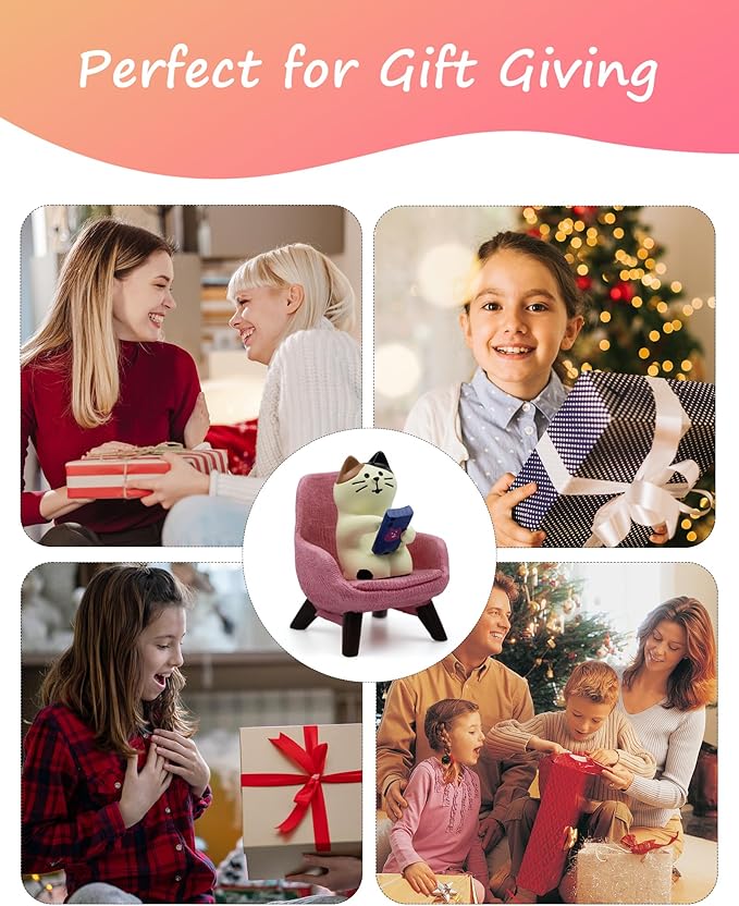 Cute Cat Playing Phone on Sofa Resin Figurine Desk Decor & Cat Lover Gift (Pink Sofa)