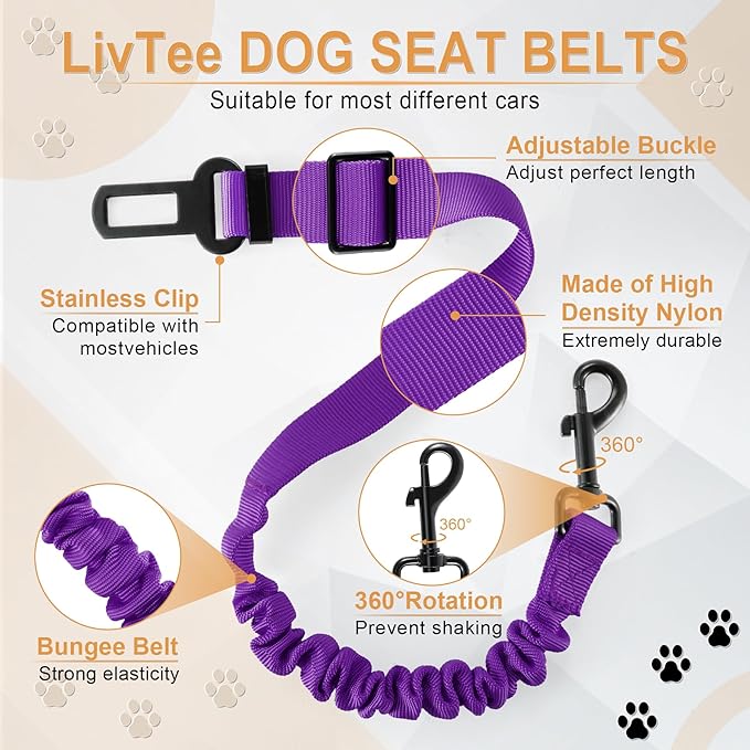 LivTee Dog Seat Belt for Car, Retractable Pet Safety Harness, Adjustable Nylon Dog Seatbelt Leash, Comfortable Dog Accessories for Vehicles (Purple-2PCS)