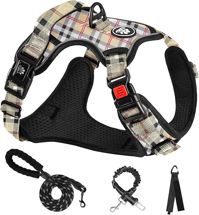 NESTROAD No Pull Dog Harness with Leash, Reflective No Choke Pet Vest Harness,Adjustable Soft Padded Dog Harness with Easy Control Handle for Small Dogs(Checkered Beige,Small)