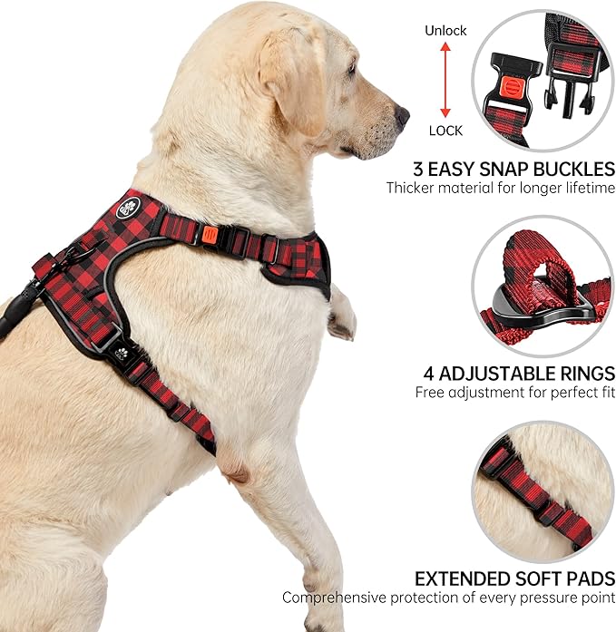 NESTROAD No Pull Dog Harness with Leash, Reflective No Choke Pet Vest Harness,Adjustable Soft Padded Dog Harness with Easy Control Handle for Large Dogs(Checkered Red,Large)