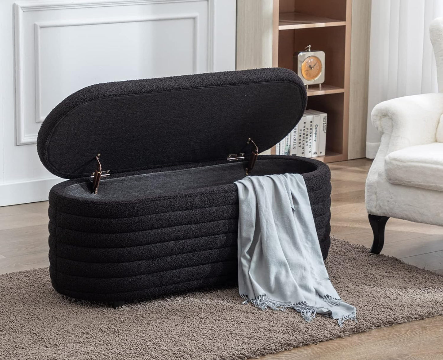 Kmax Storage Bench Faux Fur Entryway Bench Upholstered Ottoman Bench for Bedroom Living Room Hallway, Black