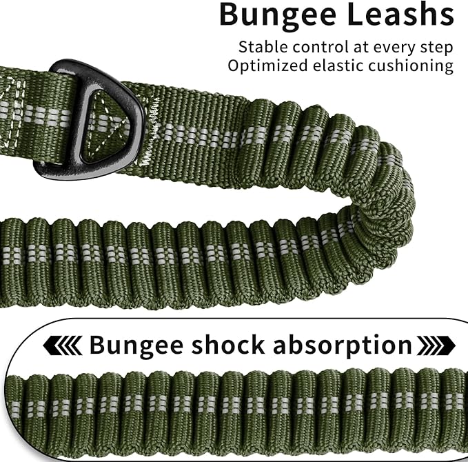 Heavy Duty Tactical Bungee Dog Leash, 4-6FT Shock Absorbing Tactical Dog Leash with 2 Padded Handles, Metal Carabiner Clip, Car Seatbelt, Reflective for Medium Large Dogs (ArmyGreen)