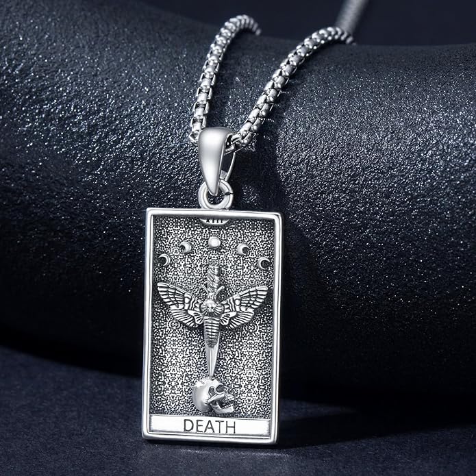 PELOVNY Tarot Card Necklace 925 Sterling Silver Skeleton Necklace The Sun Moon Star Strength Lovers Death Devil Fool Tarot Jewelry Christmas Birthday Gifts for Men Women Unisex