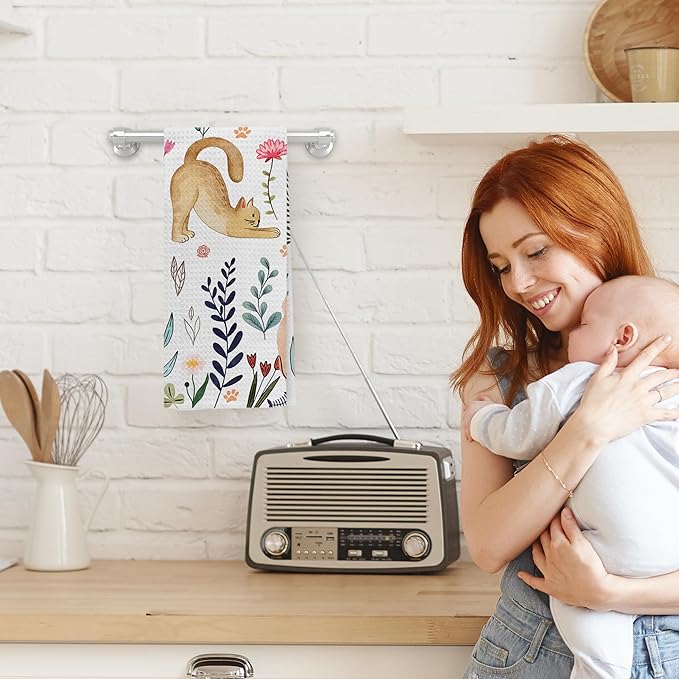 Pastoral Cat Kitchen Towels, Cat Lover Mom Lady Gifts Hand Towels for Bathroom Kitchen Decorative, Rustic Cottagecore Floral Kitty Kitten Dish Tea Towels Drying Cloth, 16x24 Inch