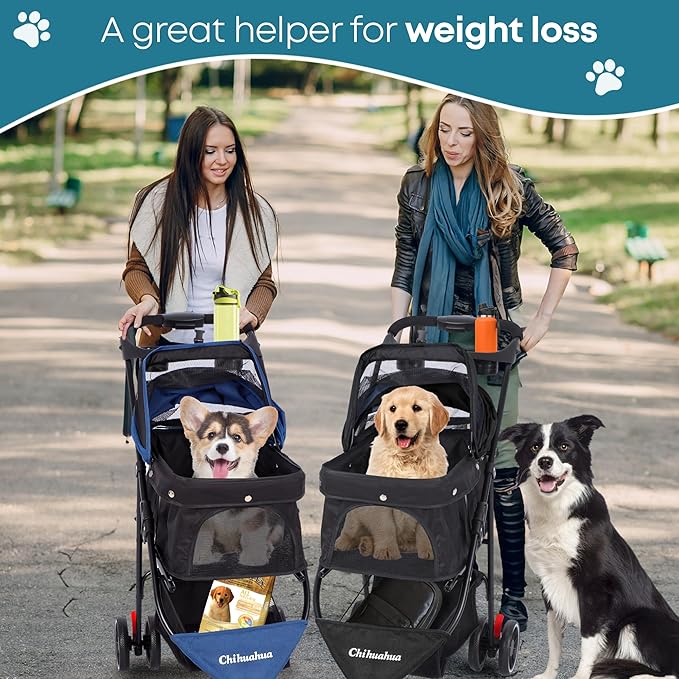 Pet Stroller,Dog Stroller for Small Medium Dogs Cats,3 Wheels,Foldable,with Breathable Mesh Canopy,Cup Holders,Easy Assembly,Green