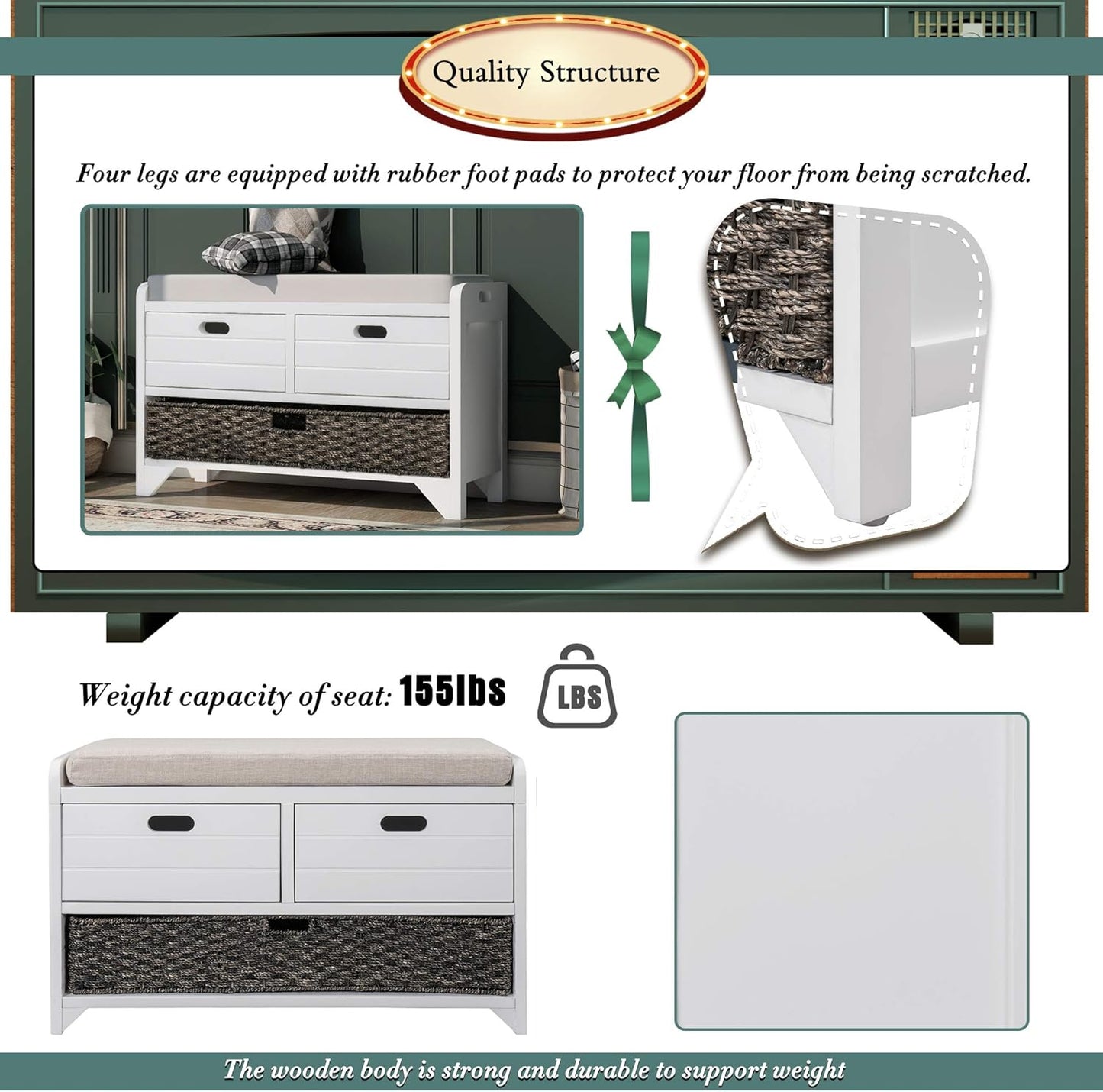 Storage Bench Removable Basket 2 Drawers Fully Assembled Acacia Wood Shoe Bench Standing Shoe Rack Removable Cushion for Living Room, Entrance Hallway, No Assembly Required White