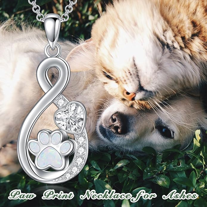 Pet Ashes Necklace 925 Sterling Silver Dog/Cat Urn Necklaces for Ashes Paw Print Pendant Pet Cremation Keepsake Memorial Jewelry for Women