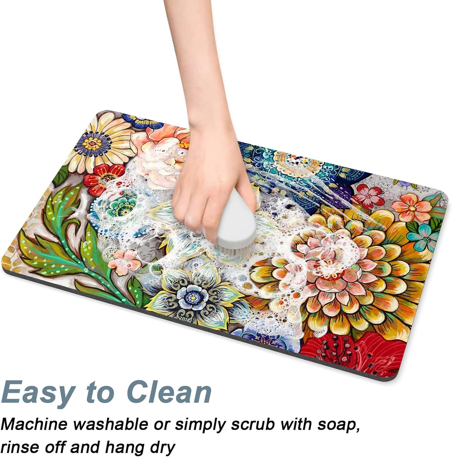 Rnivvi Dog Food Mat, 16" x 24" Flower Absorbent Dog Cat Bowl Mat for Food and Water, Cute Anti-Slip Rubber Pet Feeding Rug Protect Floors, Puppy Placemat for Feeding & Watering Supplies,Mandala Floral