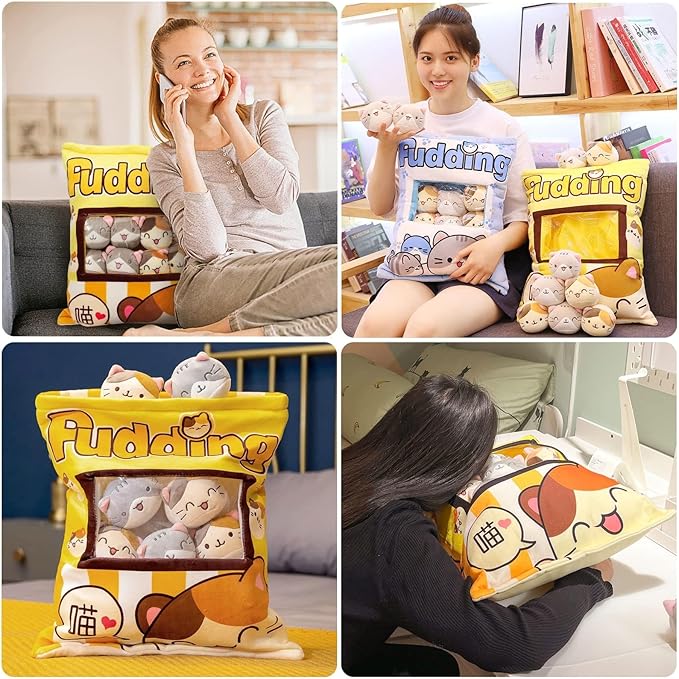 Cute Cat Plush Pillow Toy, 8" Removable Fluffy Animal Doll, Soft Cotton Stuffed Sofa Chair Decor for Kids & Girls