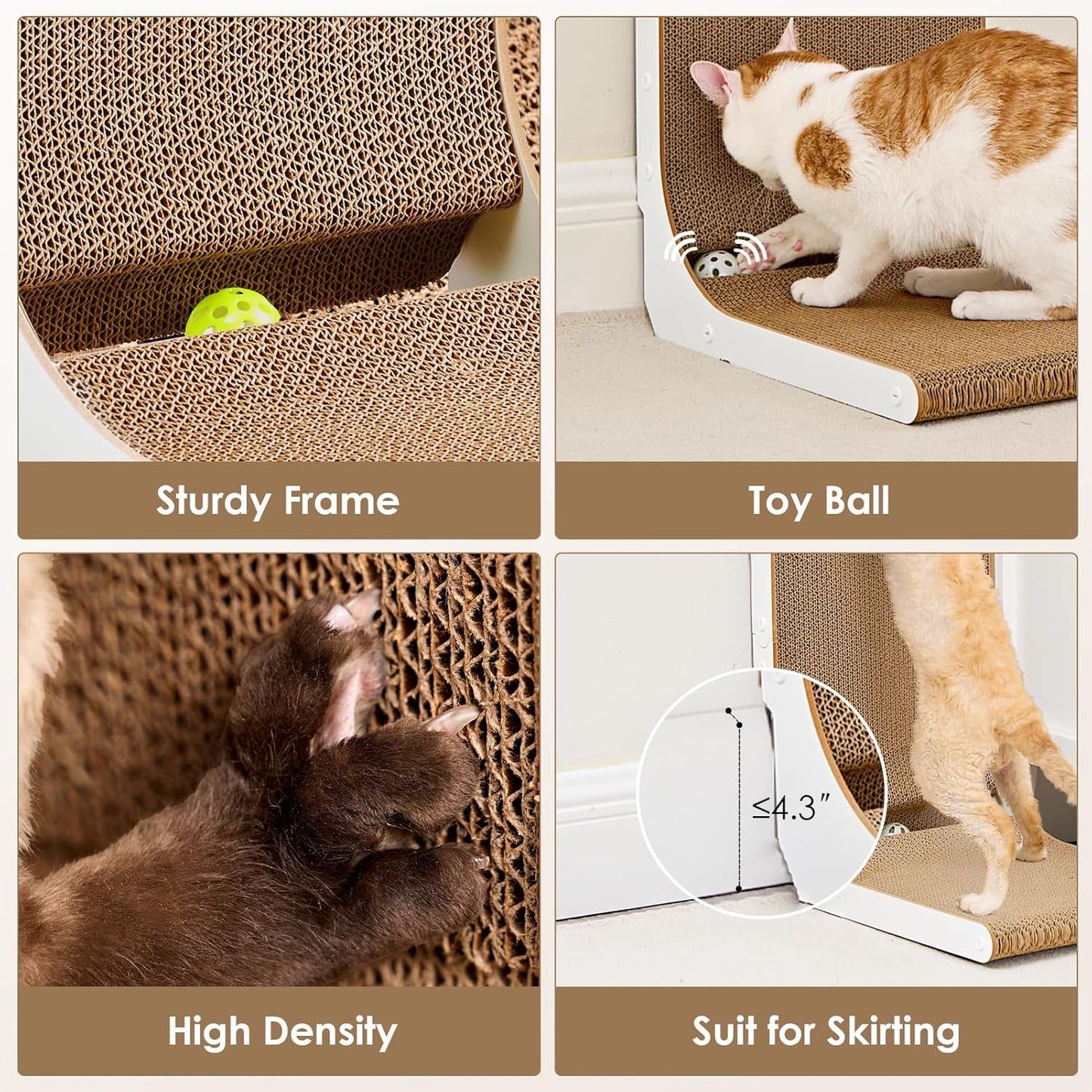 EHEYCIGA Cardboard Cat Scratcher for Indoor Kitten Cats, 19 Inch L Shaped Vertical Cat Scratching Board with Ball Cat Toy, Small Cat Scratcher Pad, White