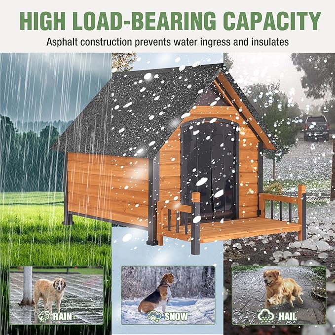 Large Dog House Outdoor Insulated Weatherproof Dog Kennel with Insulated Liner, Dog Shelter for Large Breed with Anti-Chewing Iron Fram and Porch (Brown, 50.9" D x 37.4" W x 37.2" H)