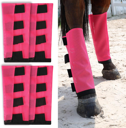 Premium 4-Pack Horse Fly Boots & Leggings Loose-Fit Fine Mesh with Stay-On Fasteners, Support Strips & Anti-Stomp Design Breathable Non-Slip Protection Leg Wrap (Large) Rose Pink