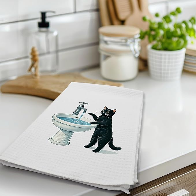 DETIHO Black Cat Hand Towel, Cat Dish Towels Decorative Set 16x24 Inches Set of 4, Towels for Kitchen, Bathroom