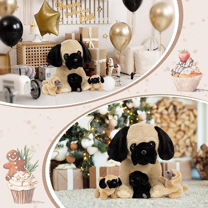 MorisMos Pug Dog Stuffed Animal with Babies,18'' Large Mommy Dog Push with Baby Puppy Toys for Kids,4Pcs Realistic Bulldog Toys for Girl Boy, Stuffed Pug Toy Gift for Birthday Christmas
