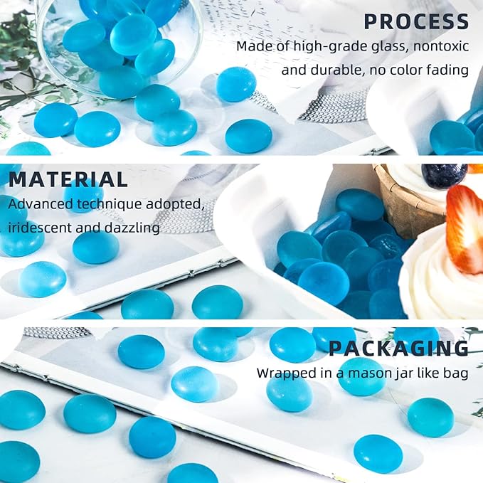 FUTUREPLUS 1LB Frosted Flat Marbles, Blue Glass Pebbles Beads Vase Fillers Decorative Fish Tank Aquarium Rocks for Centerpieces Table Decor