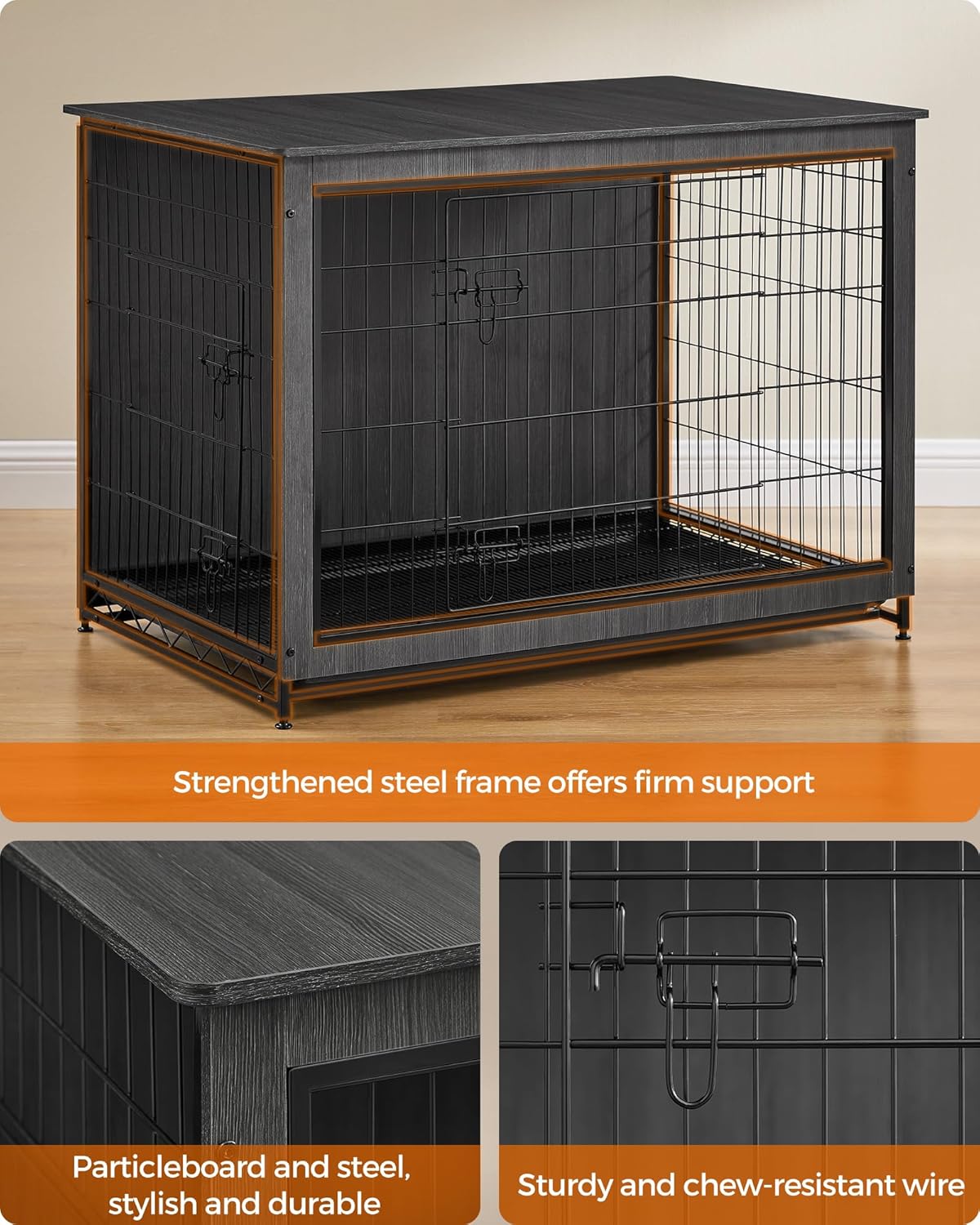 Feandrea Dog Crate Furniture, 44.1" Side End Table, Modern Kennel for Dogs Indoor up to 80 lb, Heavy-Duty Dog Cage with Multi-Purpose Removable Tray, Double-Door Dog House, Ink Black UPFC004B01
