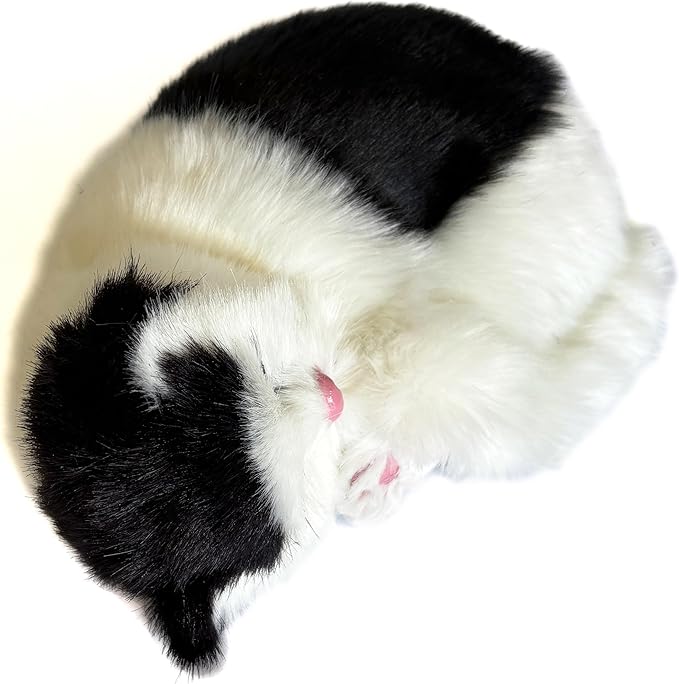 Realistic Furry Black and White Baby Cat Figurine Simulation Sleeping Kitten Home Office Shelf Decorative Statue, Pet Replica, Stuffed Animal, Photo Props