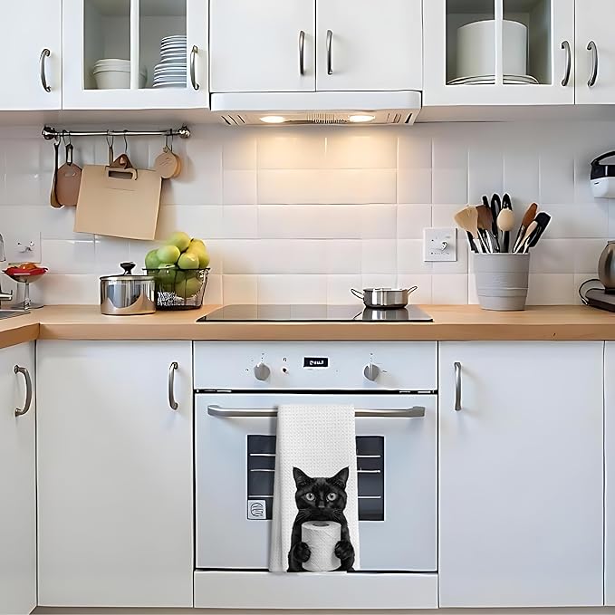 Funny Black Cat Hand Towels, Cat Bathroom Decor, Cats Lover Mom Lady Gifts Hand Towels for Bathroom Kitchen Decor, Cute Black Kitten Decorative Kitchen Dish Tea Towels, 16x24 Inch