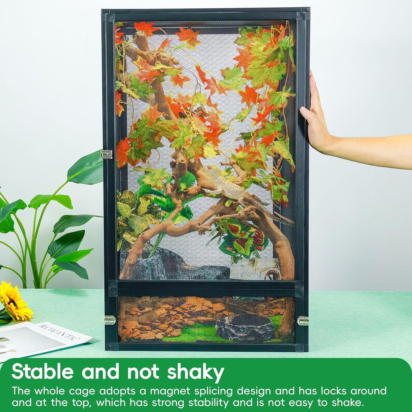 45 Gal Detachable and Foldable Reptile Butterfly Cage Terrarium, 360° Observation, Airflow, Interaction in Gecko Tank for Crested Geckos, Leopard Geckos, Chameleons, Bearded Dragons