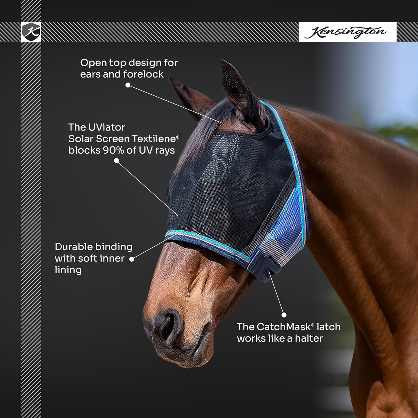 Kensington UViator CatchMask Horse Fly Mask with Web Trim UV Eye Protection Mask for Horse - Medium, Atlantis