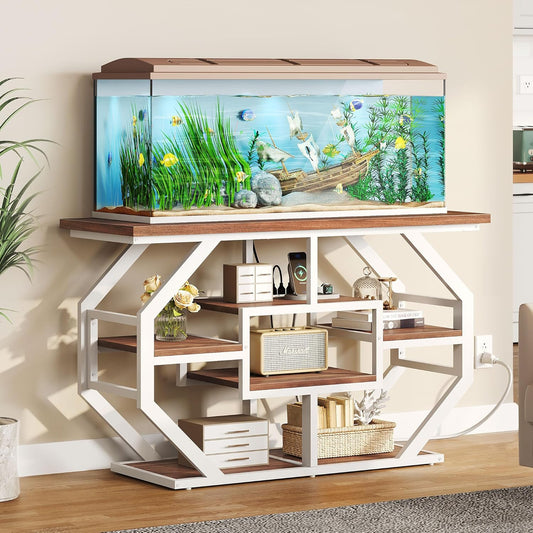 YITAHOME Heavy Duty 55-75 Gallon Fish Tank Stand with Power Outlet, Marble Aquarium Stand for Fish, Turtle, Reptile Terrarium, Shelves for Fish Tank Accessories Storage, 860LBS Capacity, White & Walnut