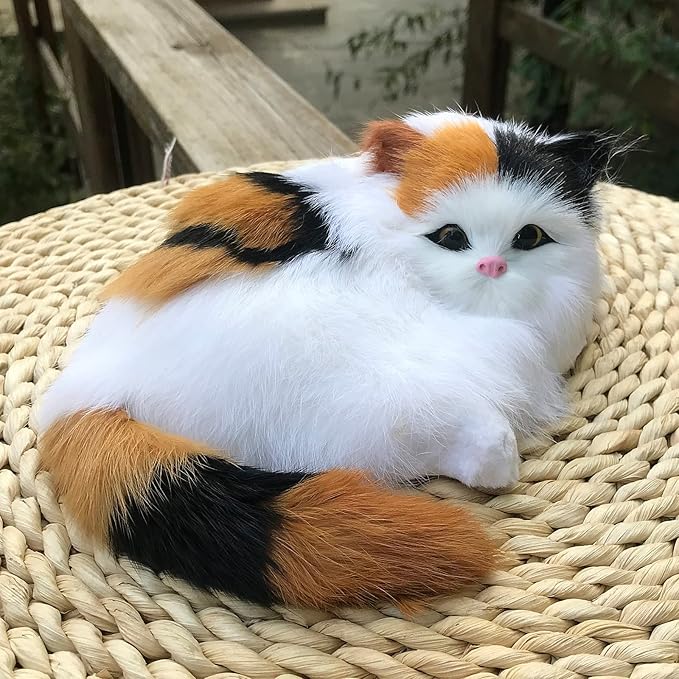 Realistic Plush Baby Calico Cat Figurine - Fluffy Decor for Home & Office Synthetic Kitten, Photo Props, Collectible Gift House Animal Kitty Replica