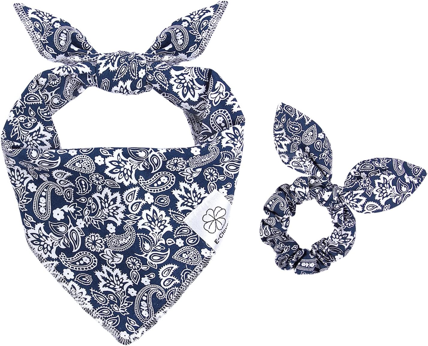 E-Clover Dog Bandanas Boy & Matching Scrunchie Set Dog Bandana Scarf Bibs with Bow Scrunchies for Medium Large Dogs Pet Owner Mom Boho