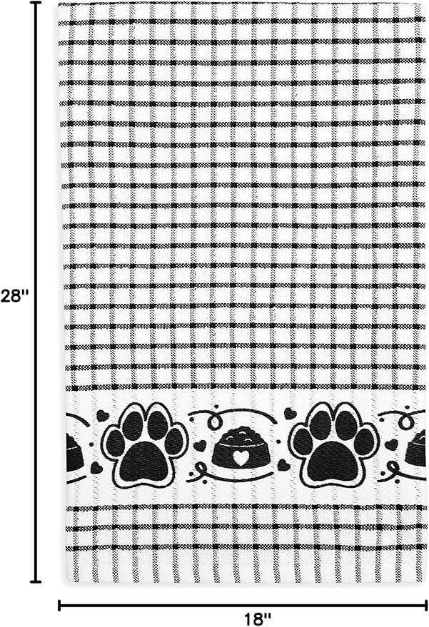 Cackleberry Home Paw Prints Terrycloth Kitchen Towels Windowpane Check Fabric, Set of 4 (Black)
