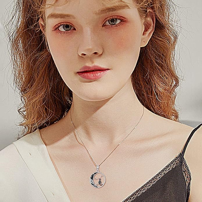 Odinstone Cat Necklace, S925 Sterling Silver Cat on Moon Pendant with Cubic Zirconia, Cat Jewelry Mothers Day Gifts for Mum with Gift Package - I Love You Forever