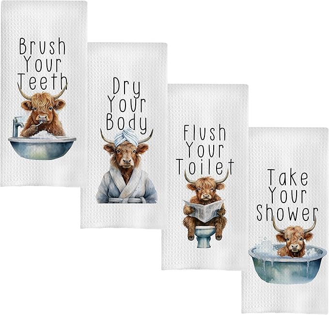 Funny Western Cow Bathroom Hand Towels Set of 4, Funny Western Cow Decorative Hand Towels for Bathroom Decor, 16x24 Inches