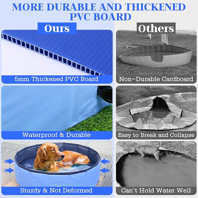 Foldable Dog Bath Swimming Pool Plastic Kiddie Pool Professional Tub Collapsible Grooming Bathtub for Pets Kids Baby and Toddler, 87 x 12 Inches Blue