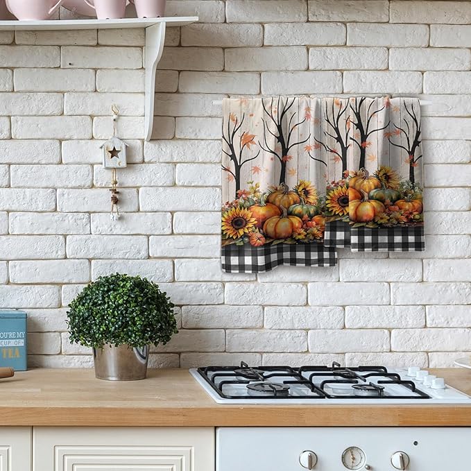 Giwawa Autumn Pumpkin Hand Towels Buffalo Check Bathroom Towel Set of 2 Kitchen Dish Towel Soft Small Bath Guest Towel for Hotel Spa Gym Sport