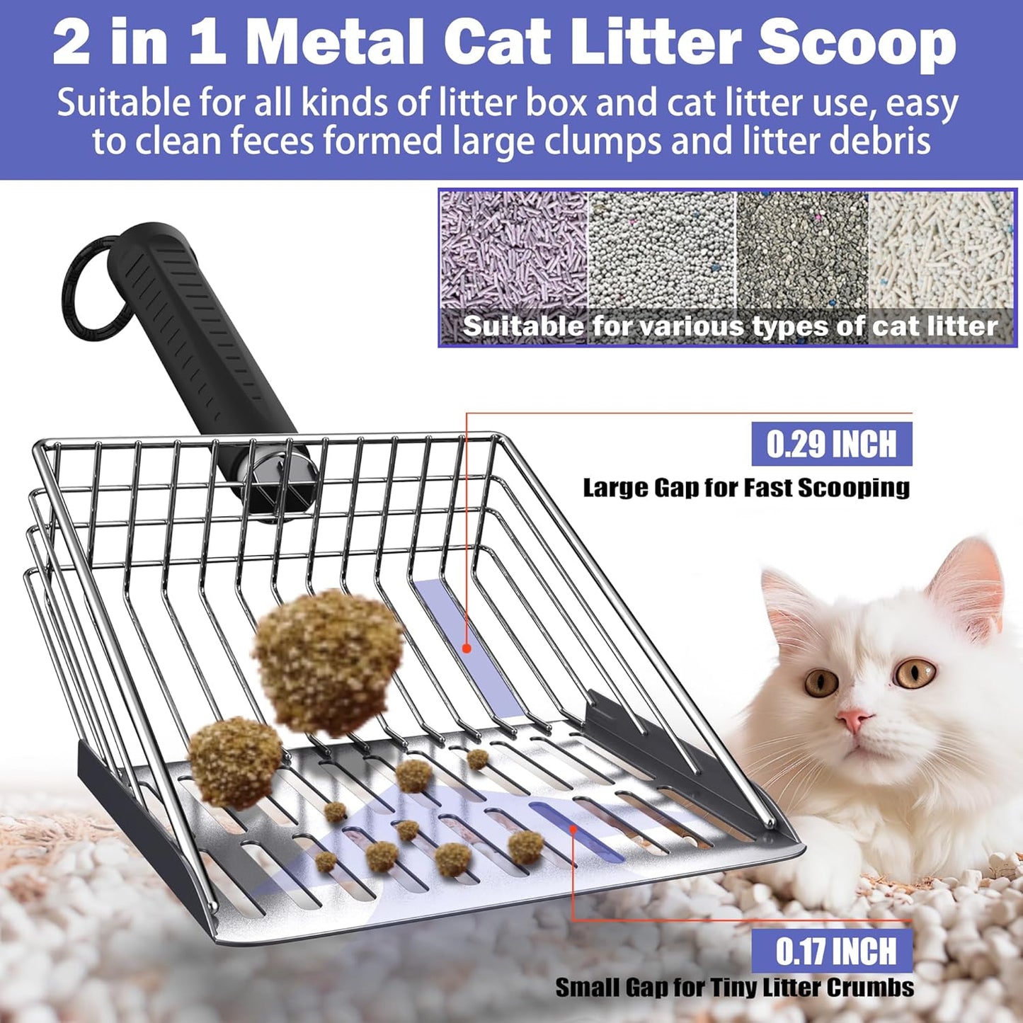 metal Cat Litter Scooper Kit - Durable large steel litter scoop with Dual Grid, Includes Broom & Dustpan for Quick, Easy Cleaning